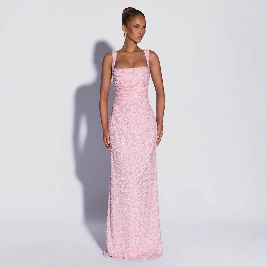 Sleeveless, strapless, sequined, and slit maxi dress