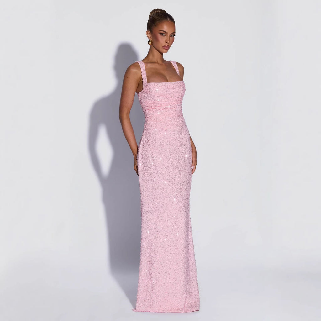 Sleeveless, strapless, sequined, and slit maxi dress