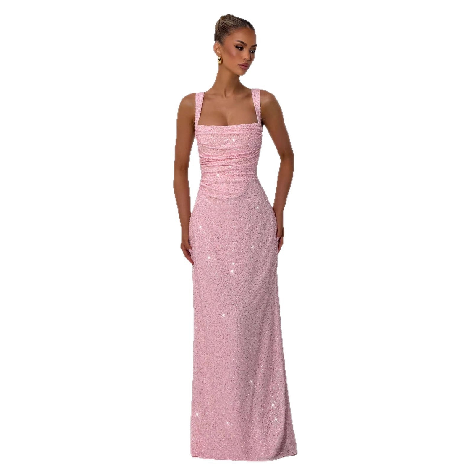 Vestido largo sin mangas, palabra de honor, con lentejuelas y abertura